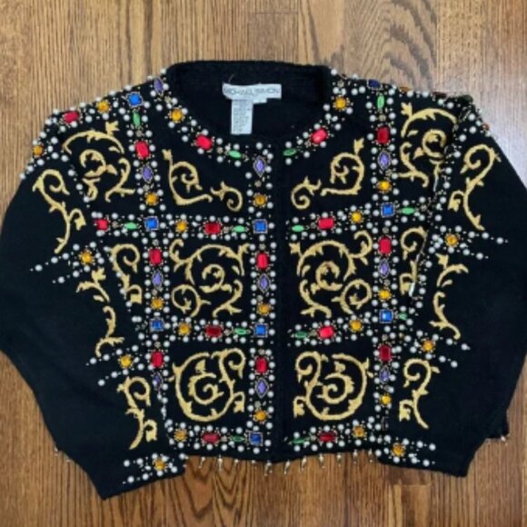 Michael Simon Vintage Embelished Cropped Sweater Cardigan Regal Black Size 2 - Picture 1 of 8